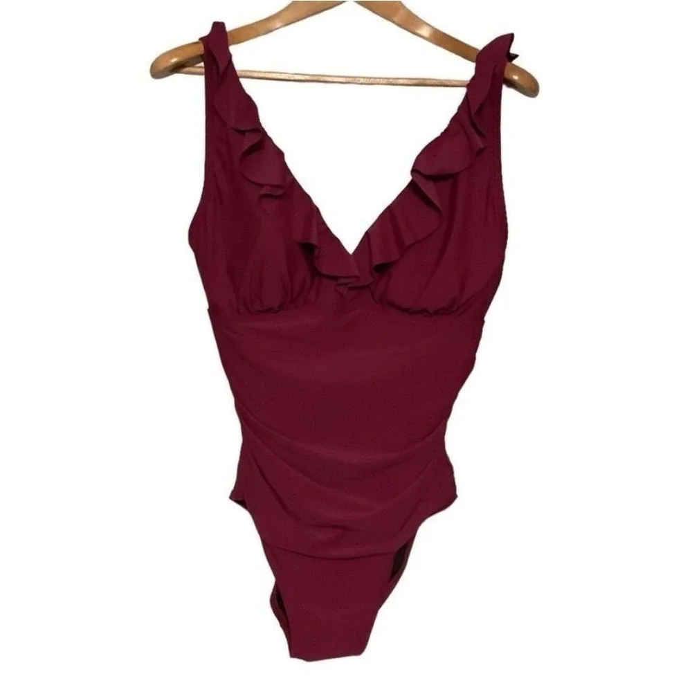 DKNY Womens Ruffle V-Neck One Piece Swimsuit Bordeaux Maroon Size 14 DI0MS691 - Picture 2 of 7